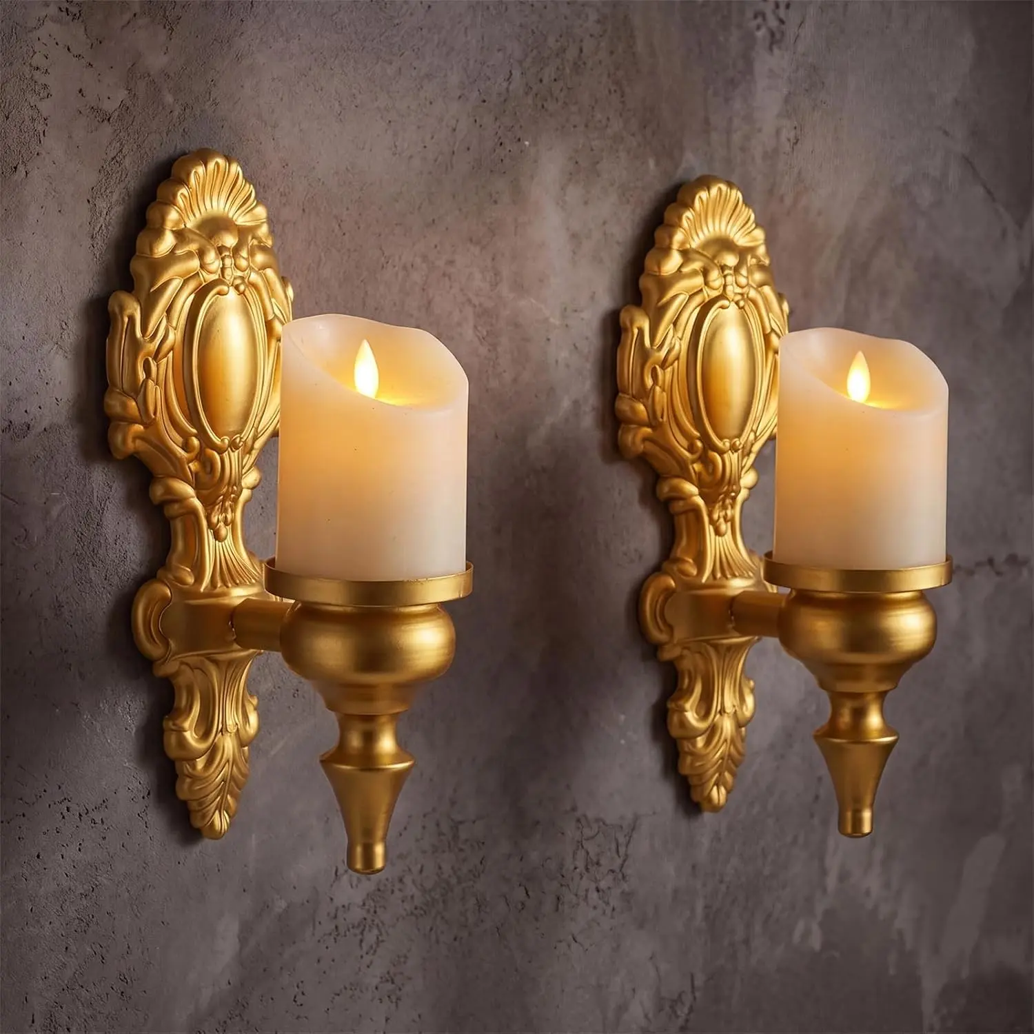 2-Pack Vintage Gold Brass Candle Wall Sconces, Retro Cast Iron-Steel Tapered Candlestick Holders, Gothic Victorian Royal Decor for Living Room, Home Decor Gift, Two Pieces