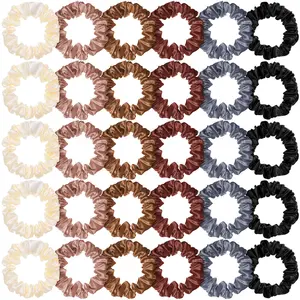 30 Pcs Small Satin Silk Scrunchies Bulk for Women, Thin Hair Ties Mini Scrunchy Bands Skinny Ponytail Holders for Thick Curly Hair Pony Tails Wrist Decor(Colorful)