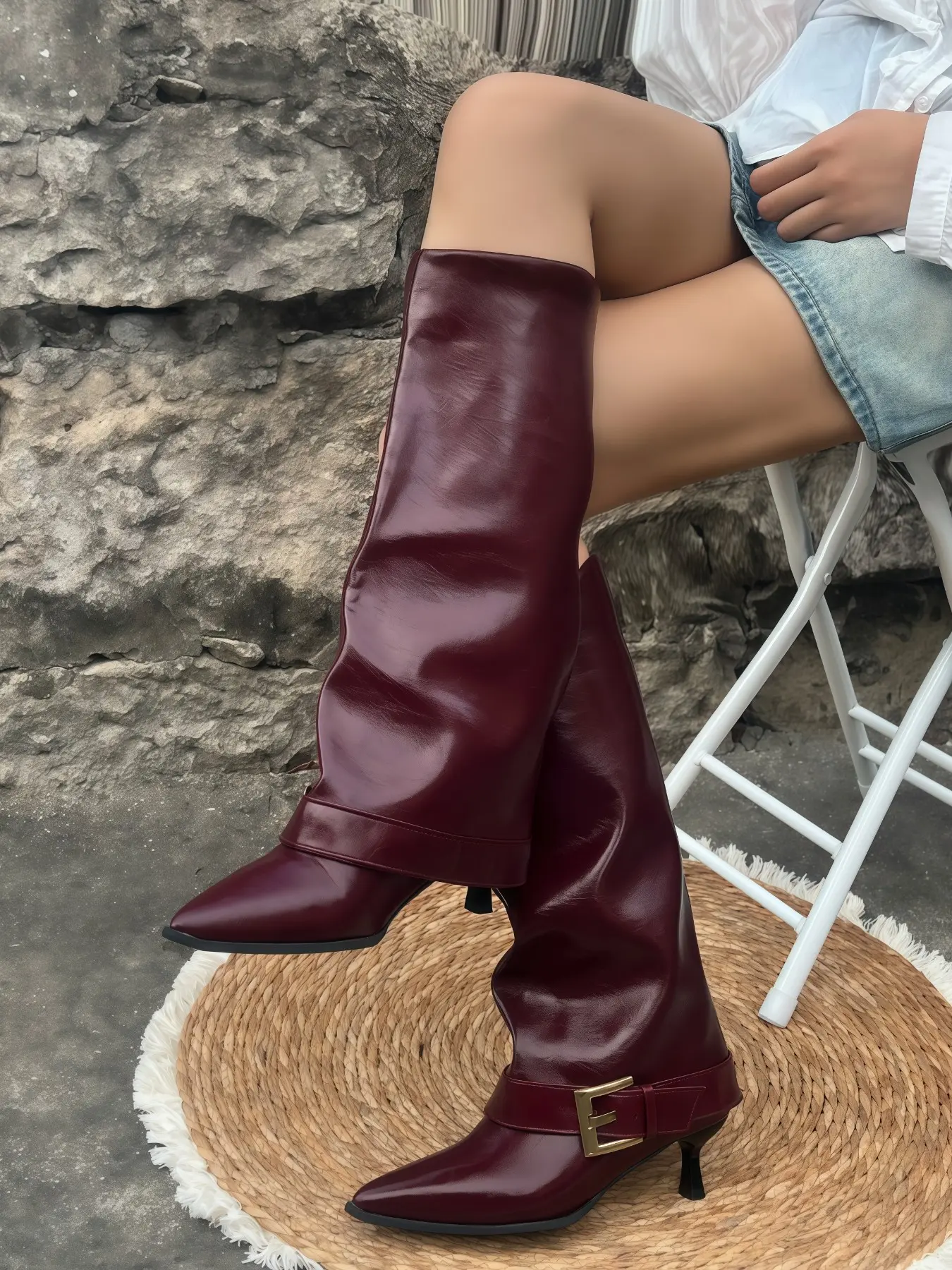 Women's Vintage Wine Pointed High Heel Tall Boots, Metal Buckle Flip Cuff Pleated PU Leather, Fashion Fall Winter Long Boot