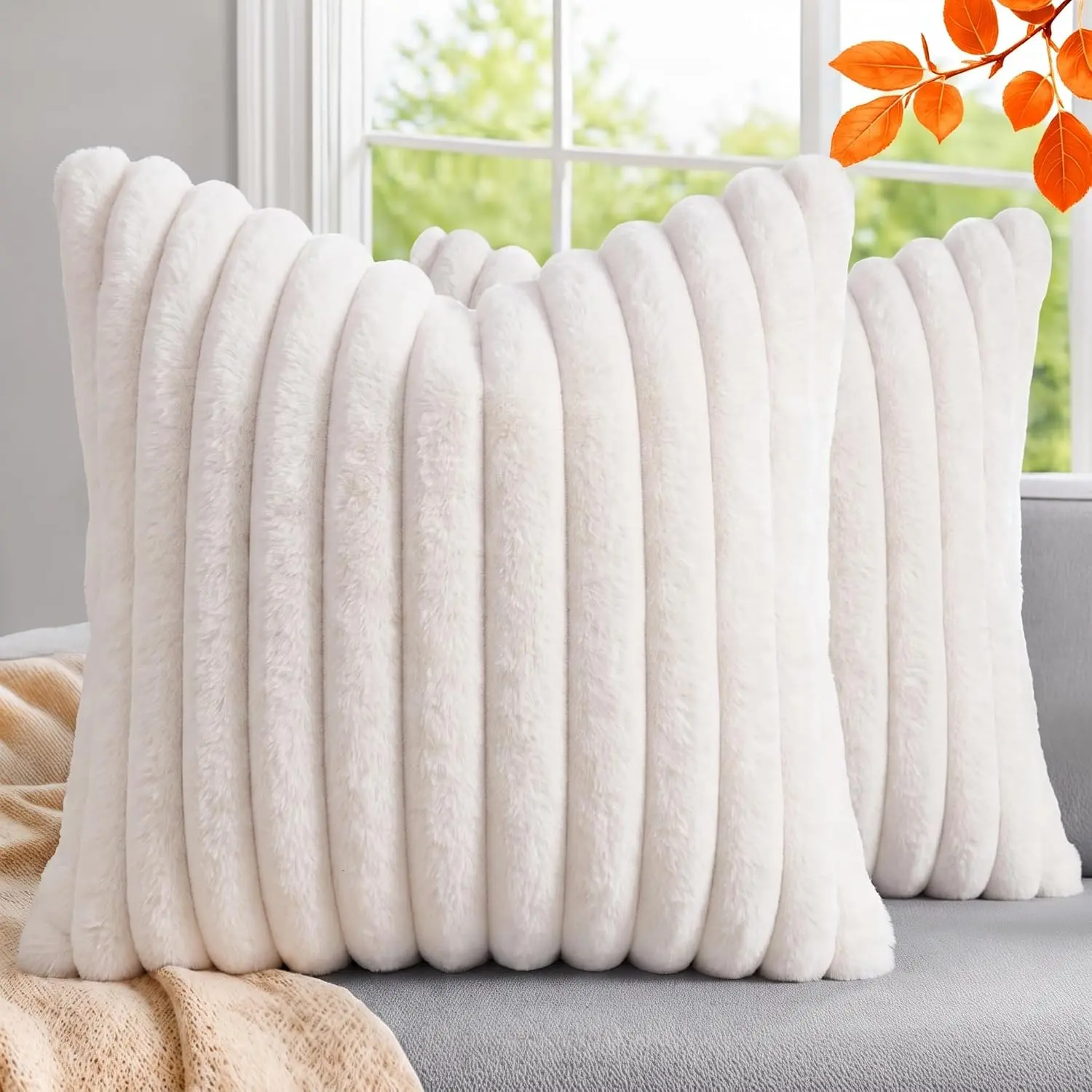 Pack of 2 Throw Pillow Covers 18x18 Decorative Solid Plush Faux  with Soft  , Square Striped Cushion Cases Modern   Decor for Living Room Couch Sofa Bed Cream White