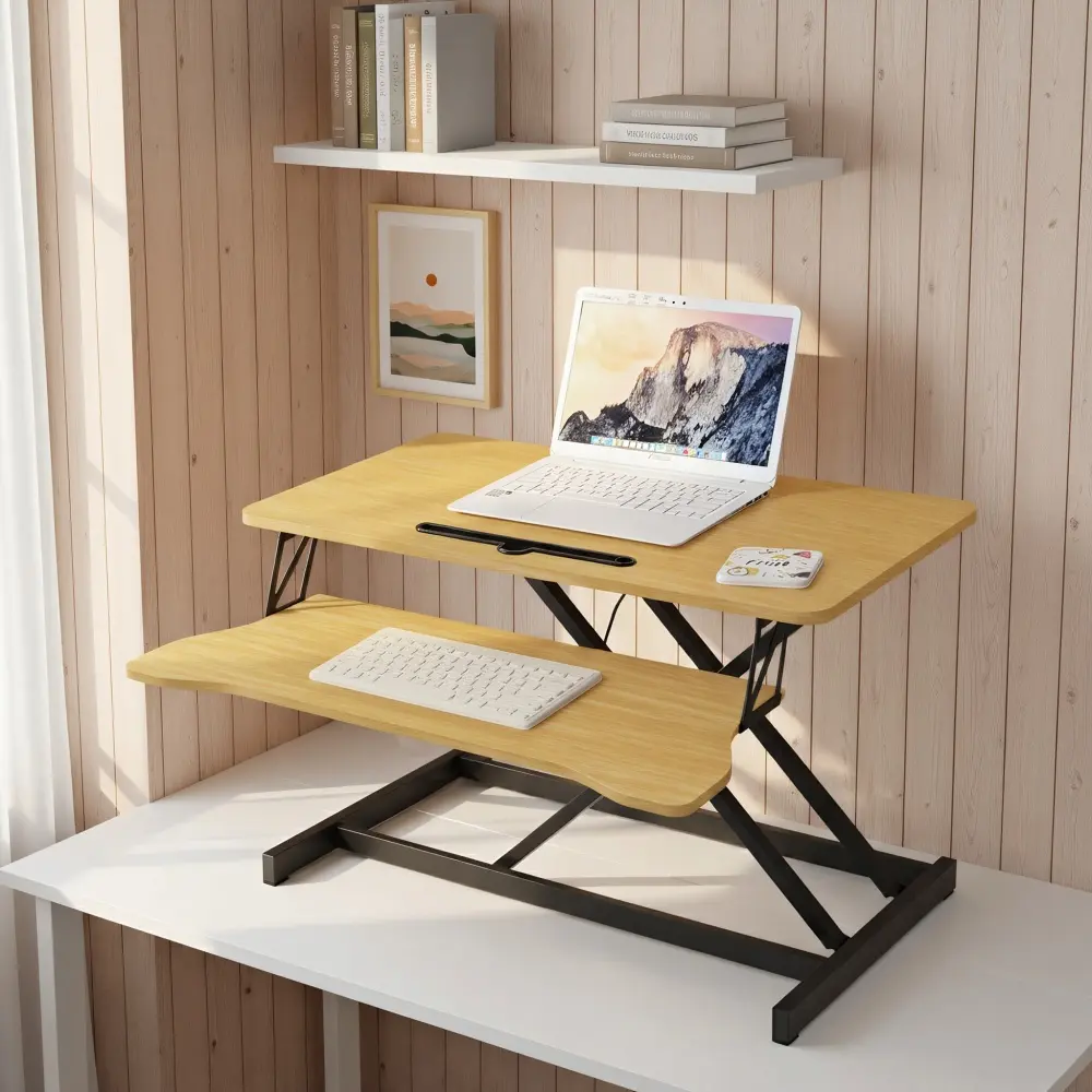 Littleox 32 Inch Desk Converter, Height Adjustable Sit to Stand Riser, Dual Monitor and Laptop Workstation with Wide Keyboard Tray, Standing Computer Desk, Natural Color