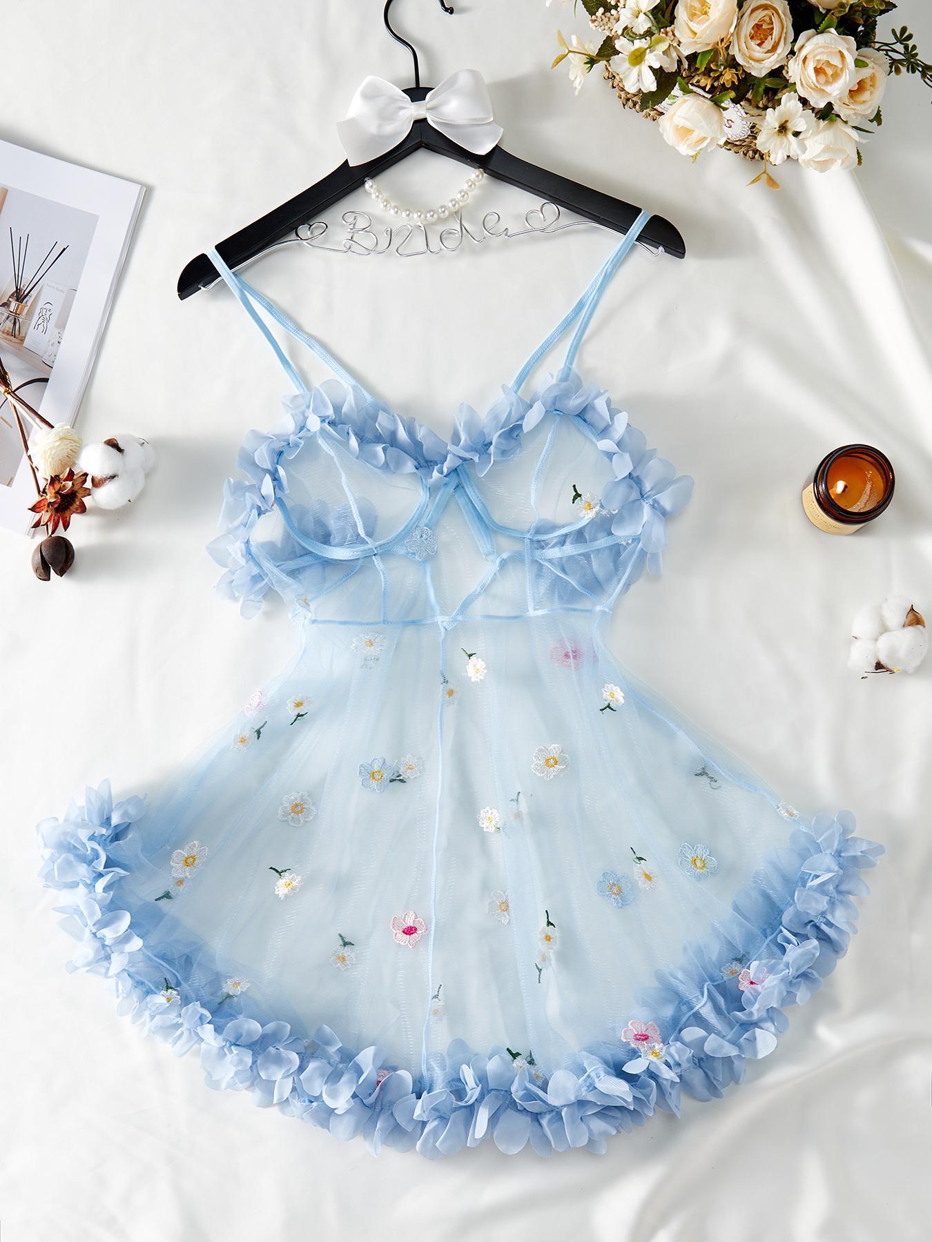 Women's Sexy Cute Feminine Elegance Homecoming Sleepwear Loungewear Dress, Womenswear, V-Neck Backless Design, Spaghetti Strap, Floral Embroidery Ruffle Hem, Adjustable Straps, Semi-Sheer High Stretch Material