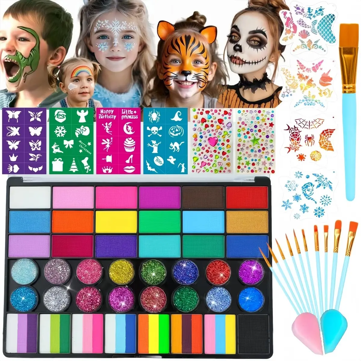 Children's Face Painting Set, 42 Colors Professional Face Painting Makeup Set Non-Toxic Water-Activated Face Painting Palette with Brushes, Stencils, Sponges, Gems, Suitable for Party, Halloween, Christmas (42 Colors)