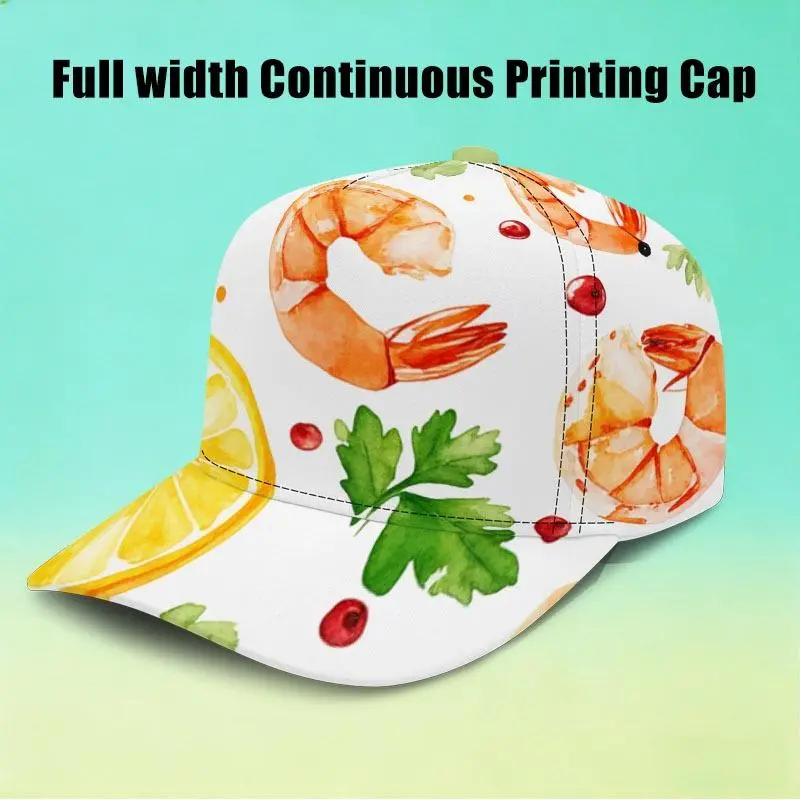 Watercolor Seafood & Citrus All-Over Print Party Hat, Seamless Continuous Uninterrupted Pattern Flows Across Seams, One Size Fits All in Mixed Colors, Fun Accessory for Themed Gatherings & Casual Party Events