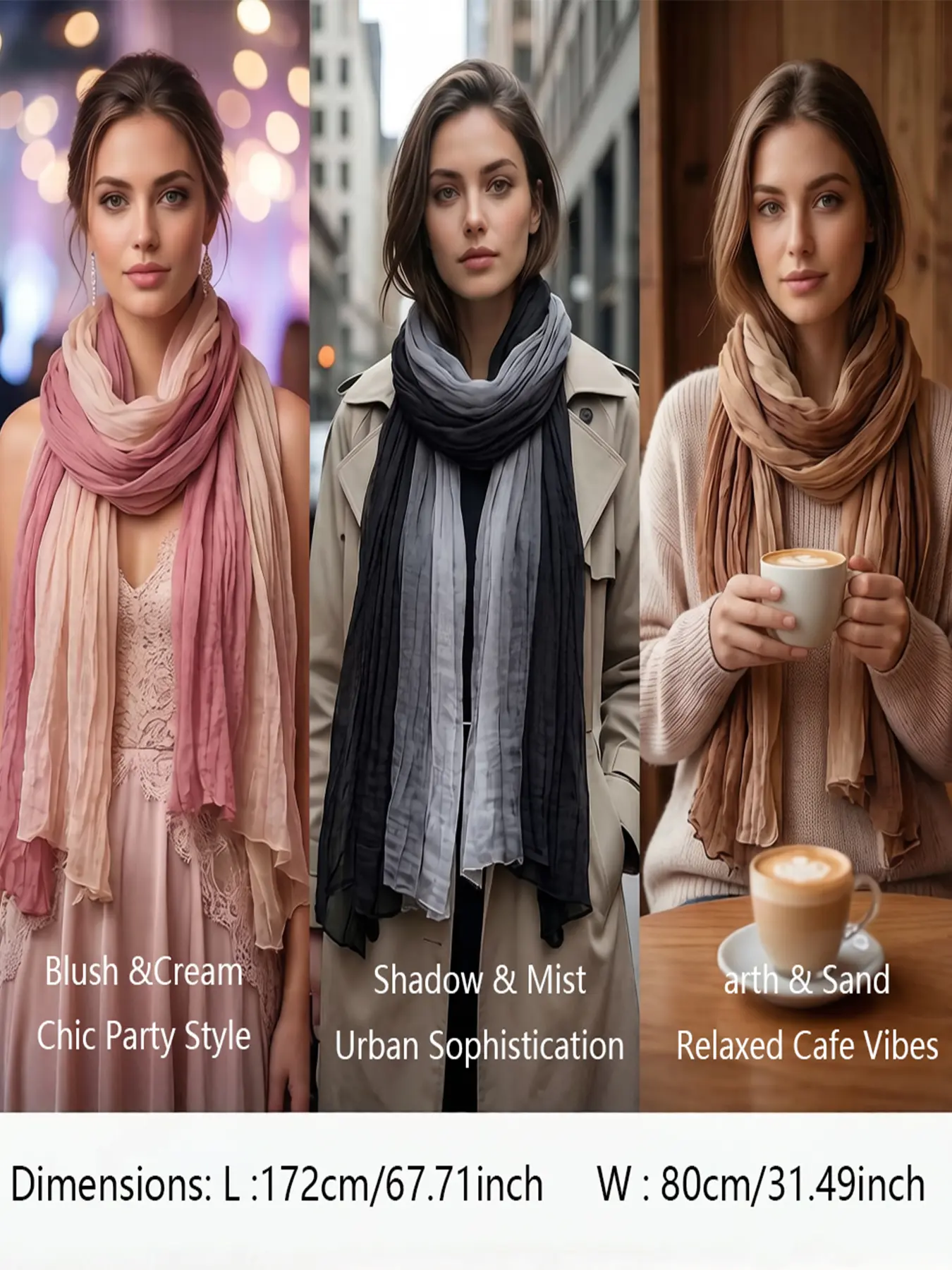 Women's Fashion Print Crinkle Scarf, Breathable Durable Fabric, Elegant Gradient Color Style, Perfect for Summer Autumn
