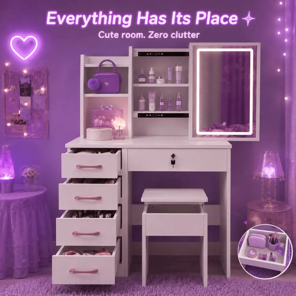 Cute Y2K Vanity Desk With LED Mirror, 5 Spacious Drawers, Lockable Storage Drawer, Hidden Storage Stool And Open Shelves, Makeup Table For Girls & Teens, Perfect Gift For Dorms Or Bedrooms