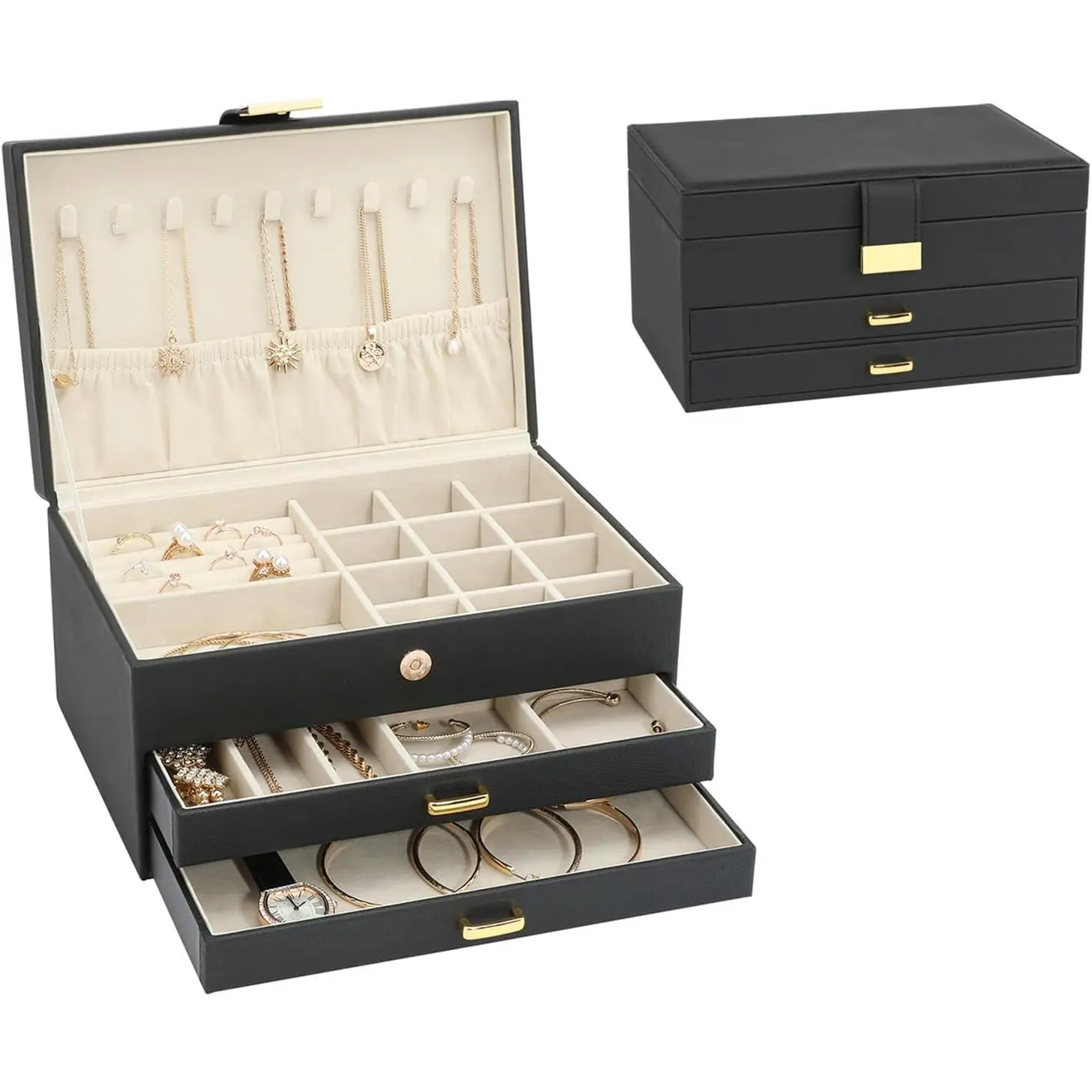 Holder Organizer, Leather  Set Box with 2 Drawers,  Storage Box for Women Girls(Black)