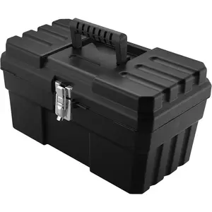 14-Inch Plastic Toolbox with Removable Tray, Steel Latch & Padlock Eye, Industrial-Grade Tool Box for Tools, Crafts, First Aid & Hobby Supplies, 14" x 8" x 8", Made in USA, Black (09514)