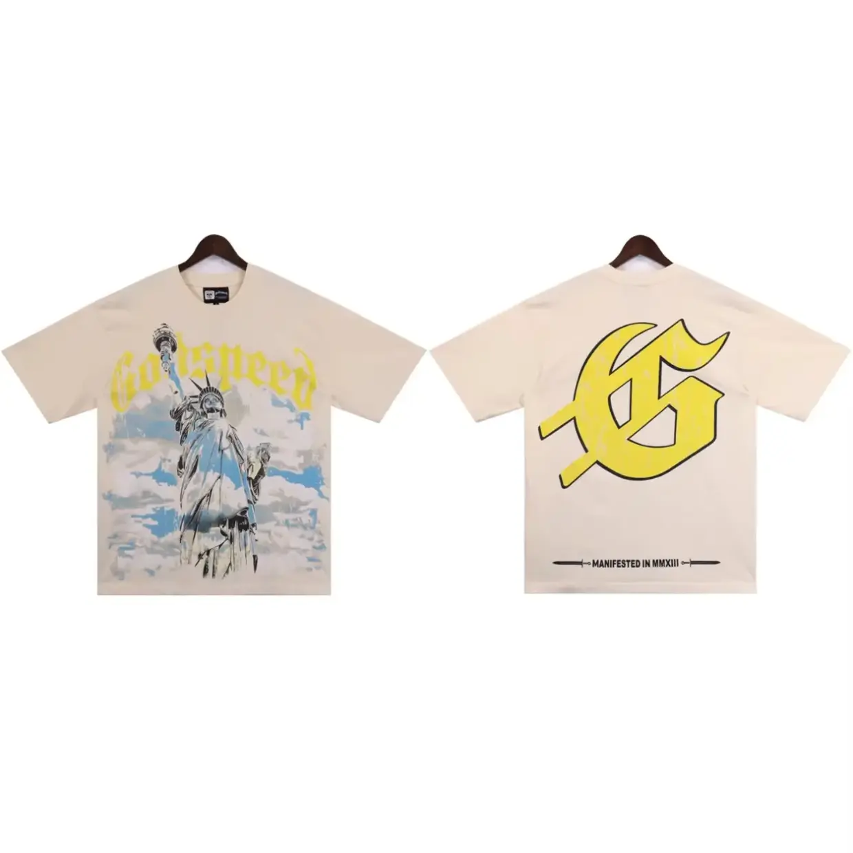 Summer New Godspeed Cotton T-Shirt Men Women, Classic Vintage Wash Old GODSPEED Alphabet Letter Guitar Denim Print, Y2K Hip Hop Streetwear Couple Outdoor Loose Short Sleeve Tee