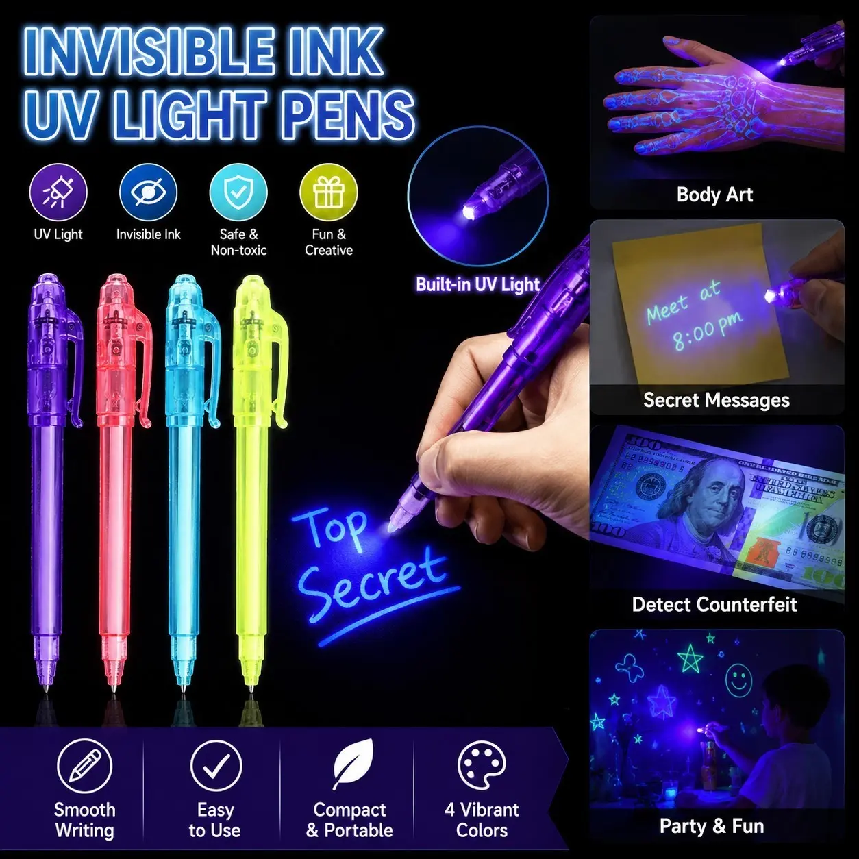 Glowing Invisible Ink Pen Set, Fluorescent Markers for Secret Learning Magic Pens, Kids Party Favors Creative Gifts, Multi-Color Options, 3-Pack