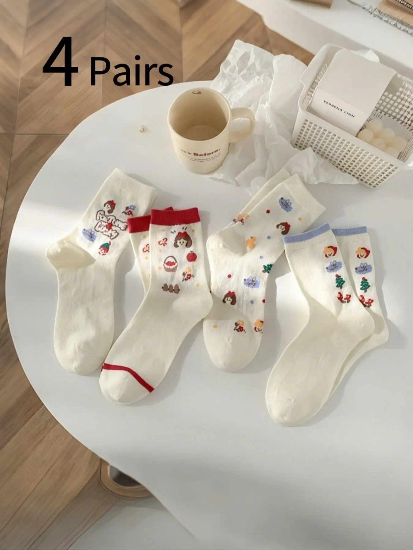 4 Pairs Women's Socks, Cute Fairy Tale Girl Socks, Spring Summer Thin Mid-Calf Socks, Comfortable Breathable, Casual Daily Wear