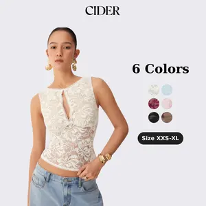 Cider Vintage Summer Sheer Lace Boat Neck Cutout Sleeveless Top for Elegant Outfits Dealsforyou