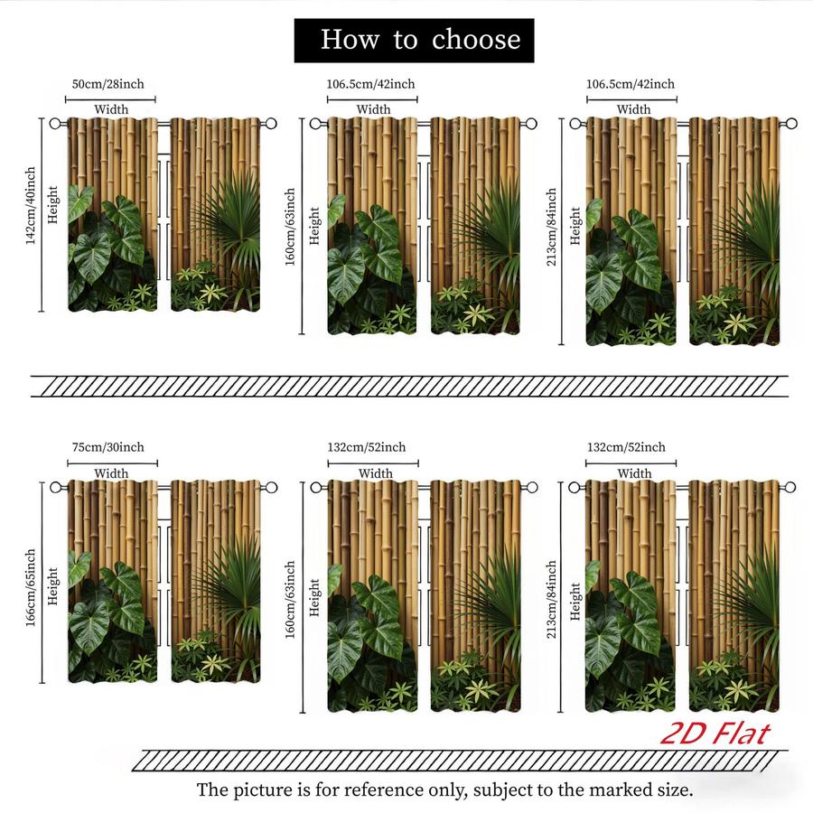 2Pcs Tropical Style Bamboo Leaves Pattern Sun Blocking Curtains Digital Printed Rod Pocket, Window Treatment For Bedroom Office Kitchen Living Room Study Home Decor