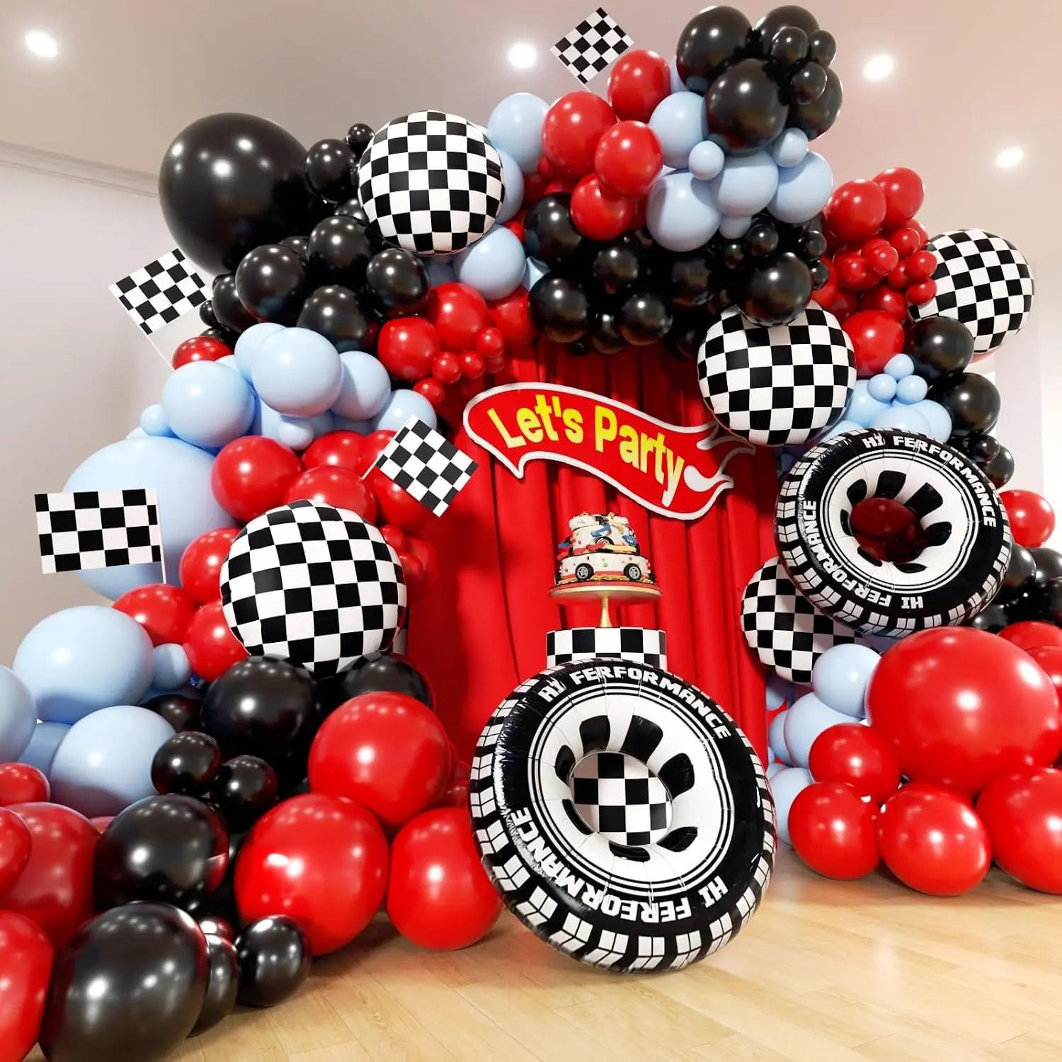 Race  Balloons Arch Kit - 184 count Flags, Tire, Checkered, Wheels and Red Black blue Balloon Garland Kit for Racing  Theme Two  2nd  Theme 1st Boy Birthday Party Decorations