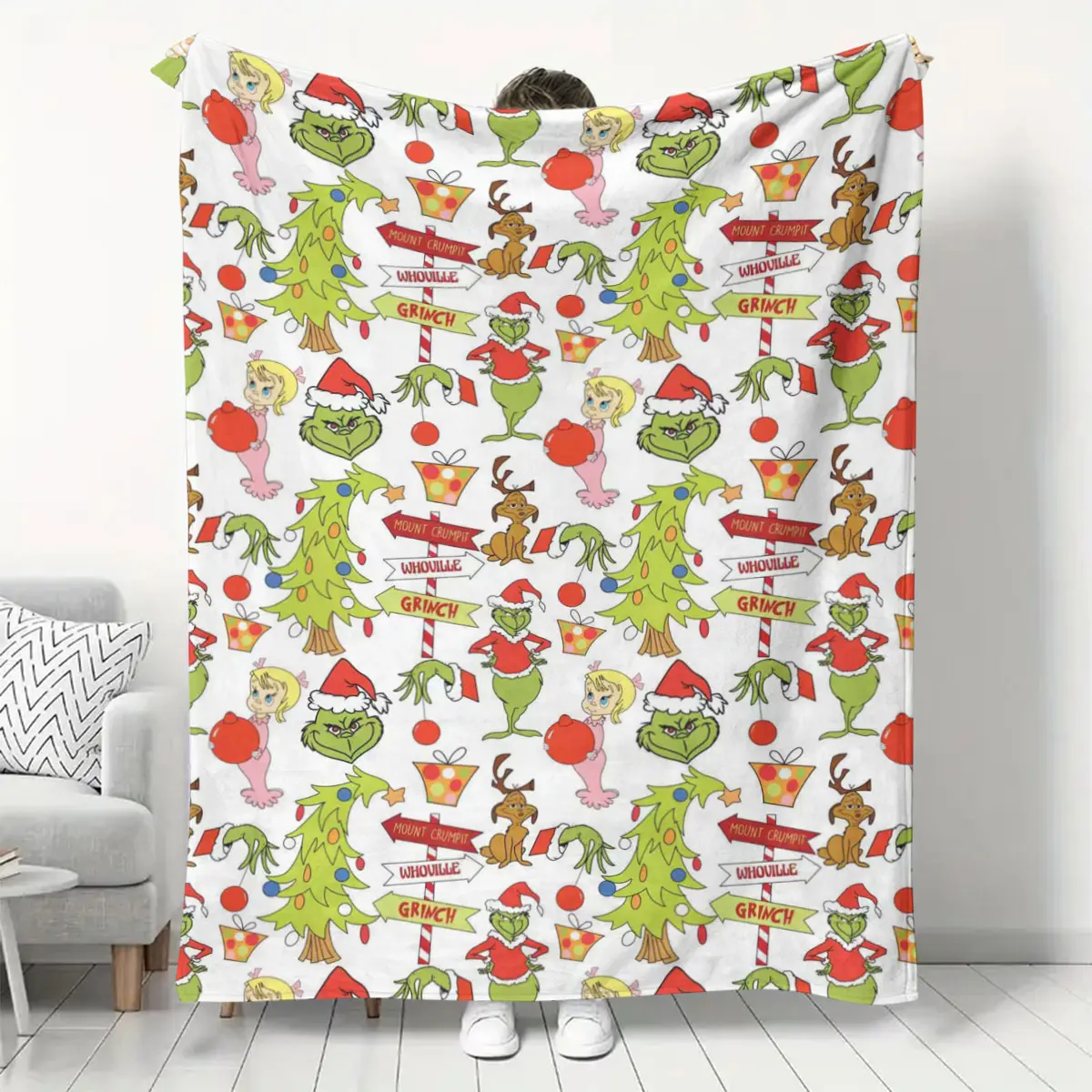 Christmas Grinch Flannel Blanket, Cute Cartoon Pattern, Soft Comfortable, Home Decor, Perfect Holiday Gift, Ca Prop 65 Compliant