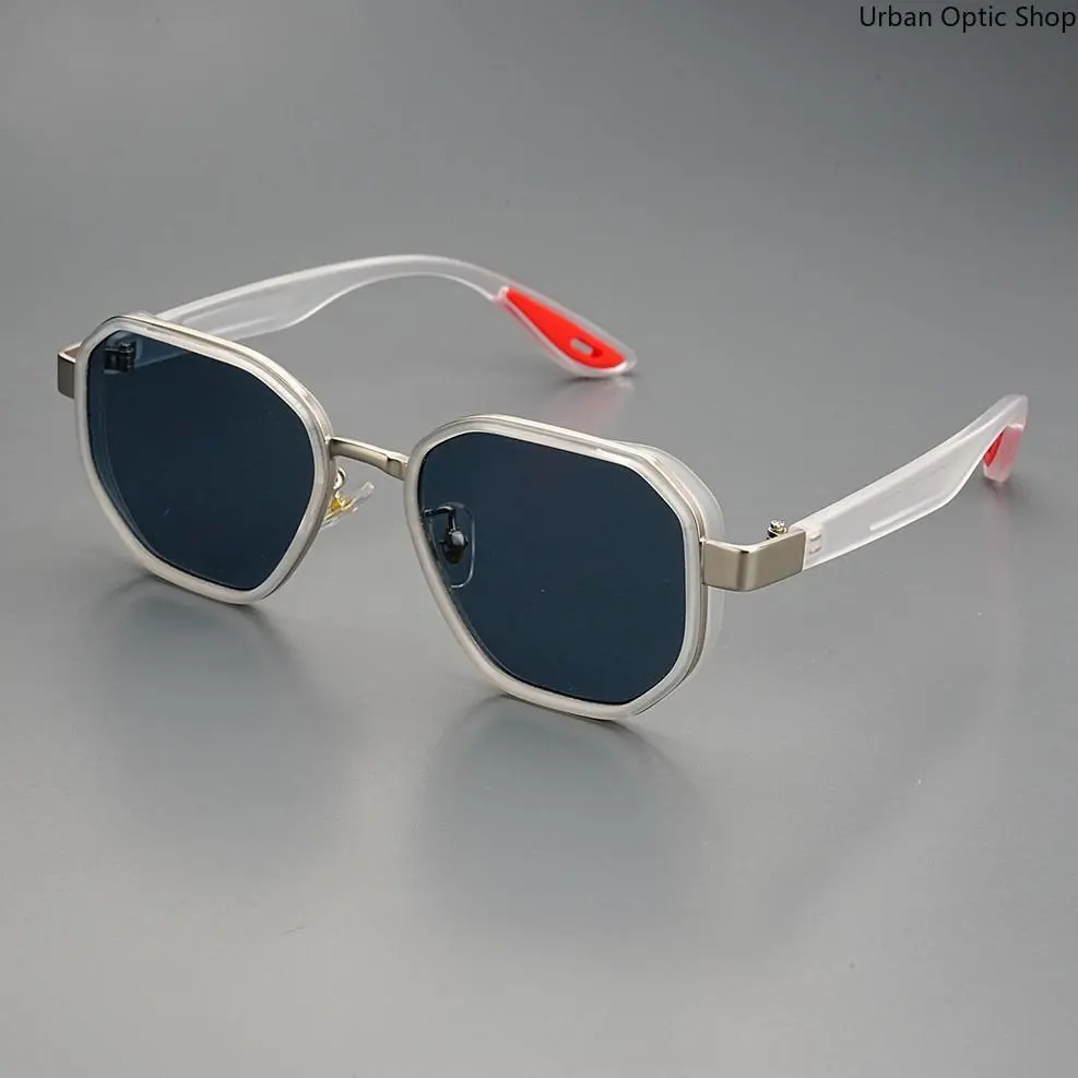 XUH Unisex Clear Frame Geometric Polygon Sunglasses with Metal Trim, UV400 Anti-Glare Dark Lens TR90 Lightweight Eyewear with Non-Slip Temple Tips, Retro Sport Shades for Driving, Fishing, Travel & Daily Casual Wear