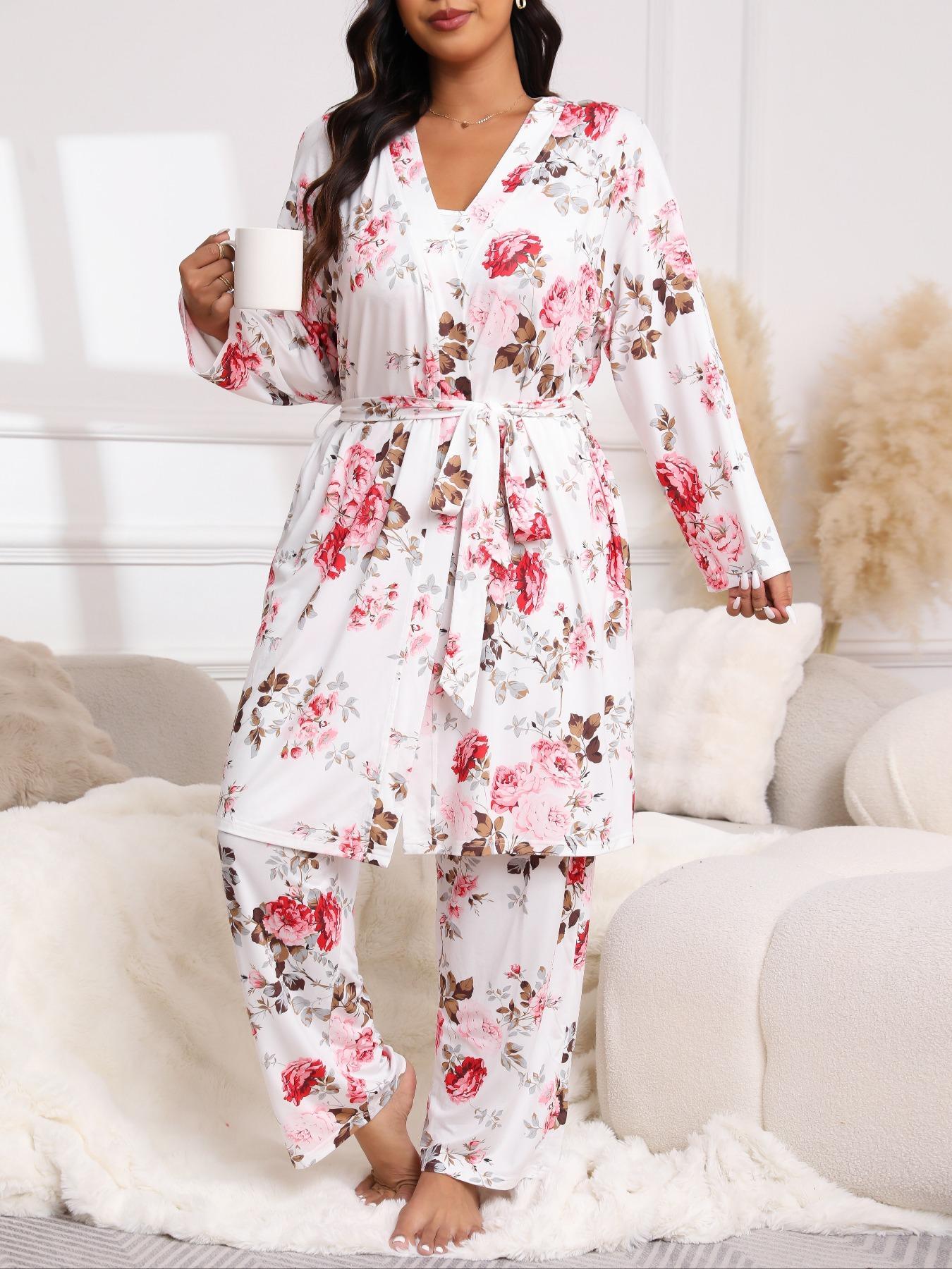 Plus Size 3-Piece Set Floral Print Belted Lounge Robe & Cami Top & Elastic Waist Pants Pyjama Set, Elegant Comfy Women's Sleepwear for Spring & Fall