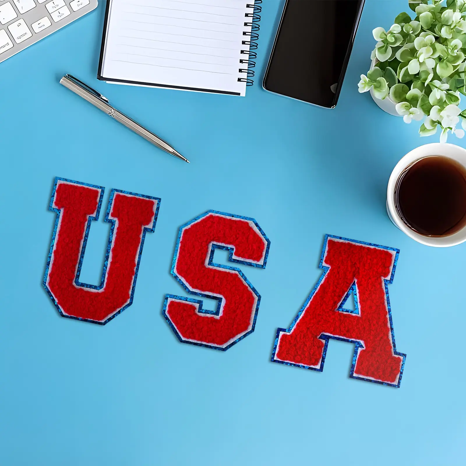 USA Chenille Iron on Patches, 9 Pcs/Set American Patriotic Alphabet Embroidered Patches Set, Perfect for DIY Decorating on Denim Jackets, T-Shirts, Hats, and Backpacks