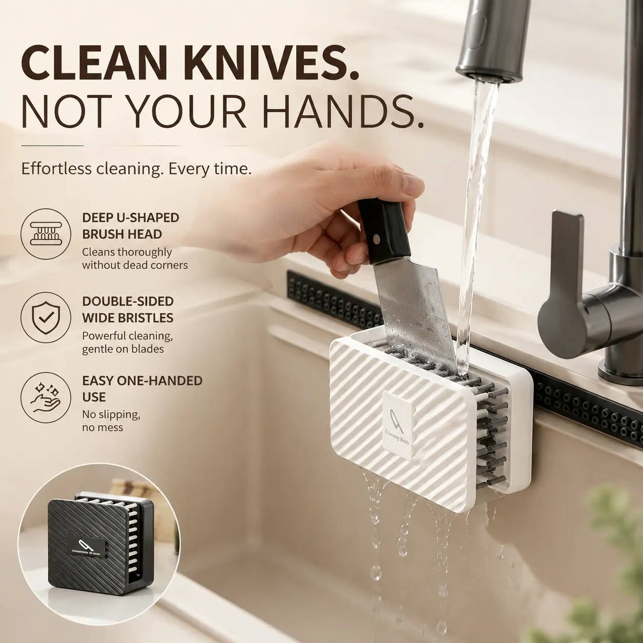 Kitchen ABS Material Knife Cleaning Brush, U-Shaped Double Sided Bristle Cleaner with Nail-Free Snap-on Adhesive Mount, Safe Anti-cut Handheld Washing Tool for Knives Scissors Spoons Chopsticks Kitchen Utensils, Two Colors Black & Cream White-YY2