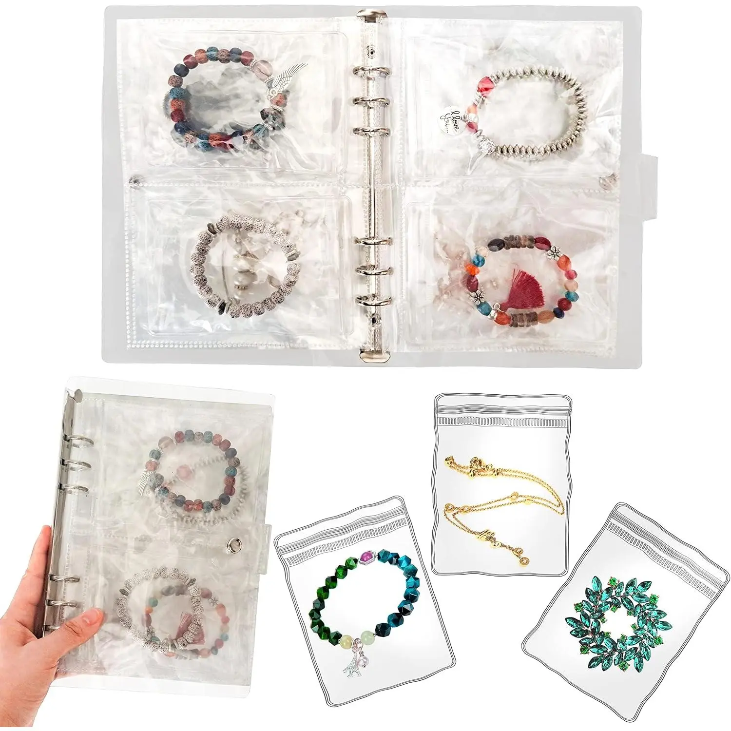 Earring Organizer Travel  Case Container Transparent  Storage Book Bag for Ring, Necklace, Bracelets, Stud (48 Grids + 48 Large Thicken PVC Zipper Bags)