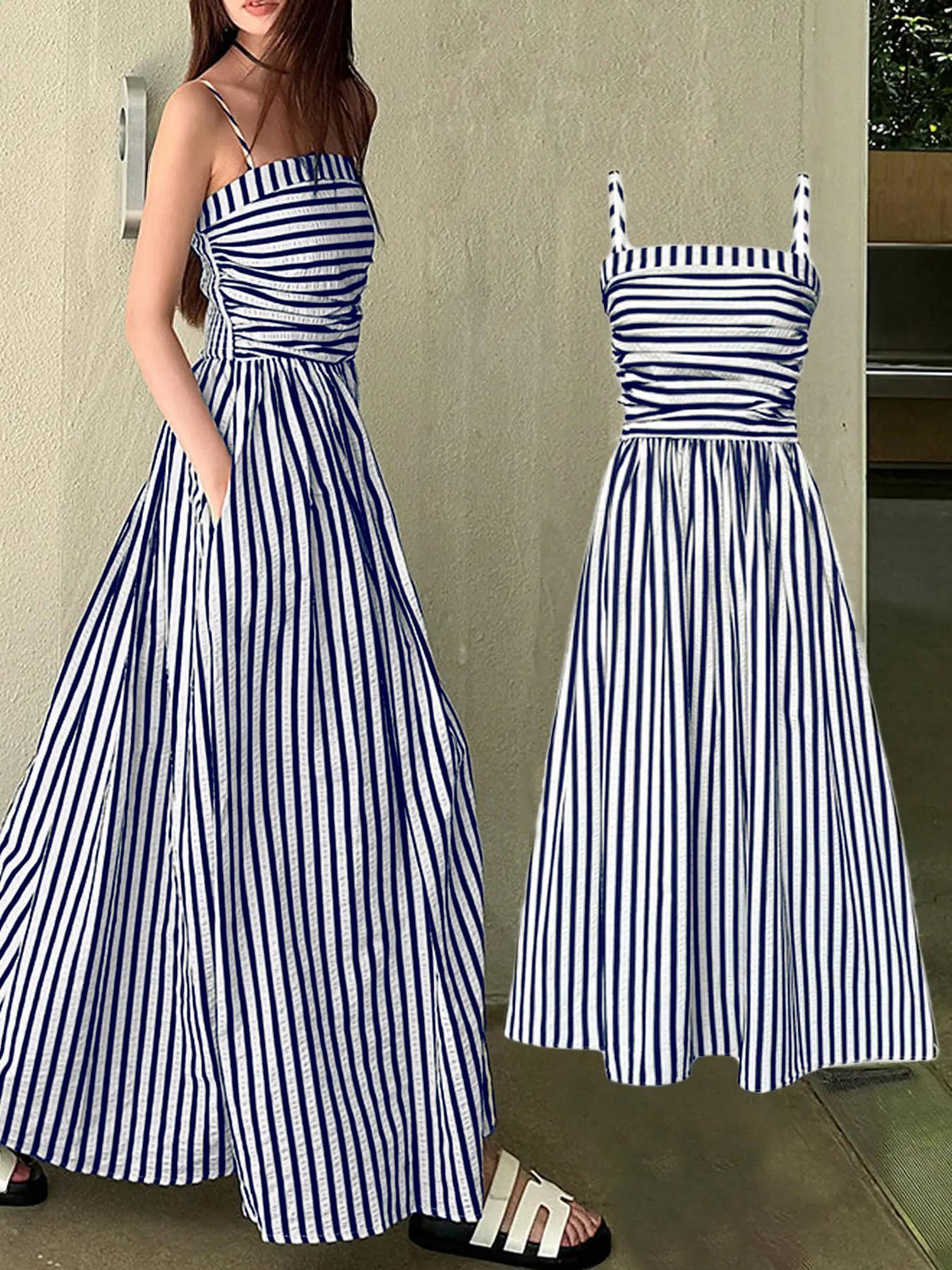 Women's Striped Print Cami Dress, Casual Sleeveless Spaghetti Strap Dress for Summer, Ladies Clothes for Beach Holiday