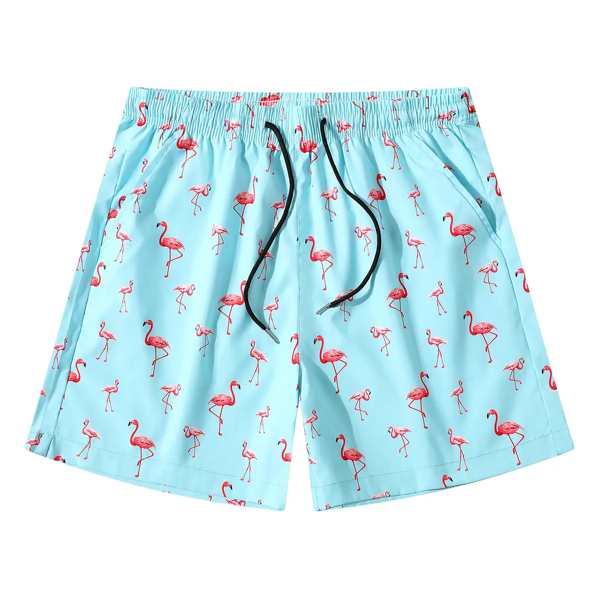 Men's classic light blue background flamingo print elastic drawstring five quarter beach shorts, lightweight and loose daily shorts, versatile for all summer scenes.