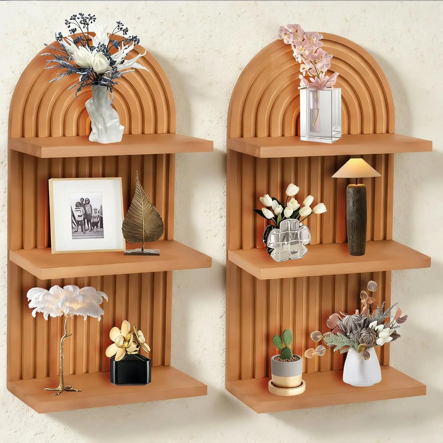 2 Pcs Floating Shelves for Wall, 3-Tier Boho Home Wall Decor, Mid-Century Rattan Plant Shelf, Small Decorative Shelf, Natural Wood Shelves for Living Room, Bedroom, Bathroom, Office (02)