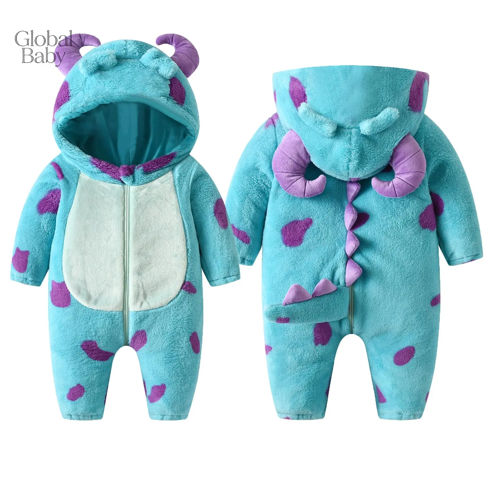 Infant Fleece Jumpsuit Cartoon Animal Horn Hooded Warm Thicken Winter Rompers Outwear Snowsuit For Baby Girls And Boys Bodysuits Baby Costumes Cute Animal Outfit Funny Monster Costume Gift