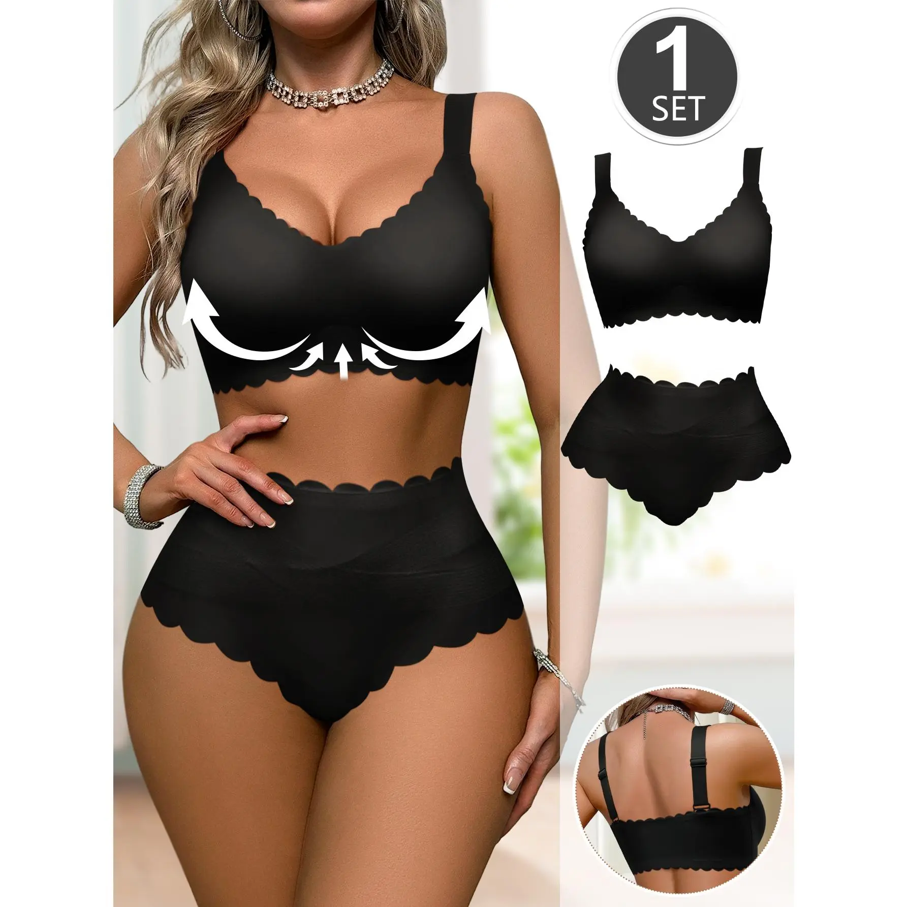 QUASTI Women's High Waist Lingerie Push Up Set, Wireless emovable Pads Seamless Scallop Edge Criss Cross Bra & Panty Set, Soft Supportive Comfortable Everyday Intimates S-XXL Fit Matching