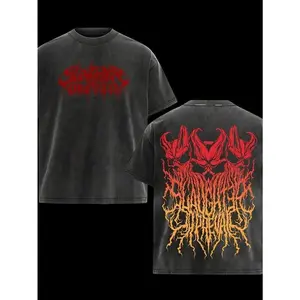 Men's Vintage Washed Short-Sleeve Death Metal T-Shirt - Gradient Red-Orange Demon Skull, Twisted Root Back Graphic, Tiny Drip Red Gothic Font Chest Print, Dark Grunge Streetwear Menswear Top