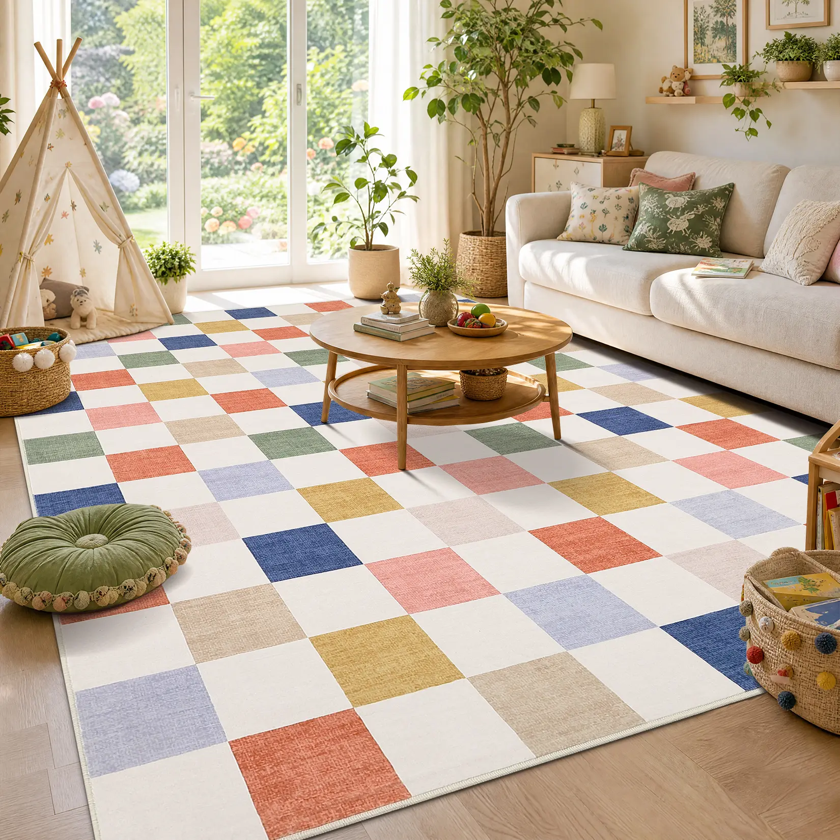 Bohemian Geometric Checkered Area Rug, Ultra-Thin Low-Pile Soft Non-Shedding Non-Slip Machine Washable Indoor Decor Rug for Living Room, Bedroom, Dining Room, Kids Room and Entryway mat