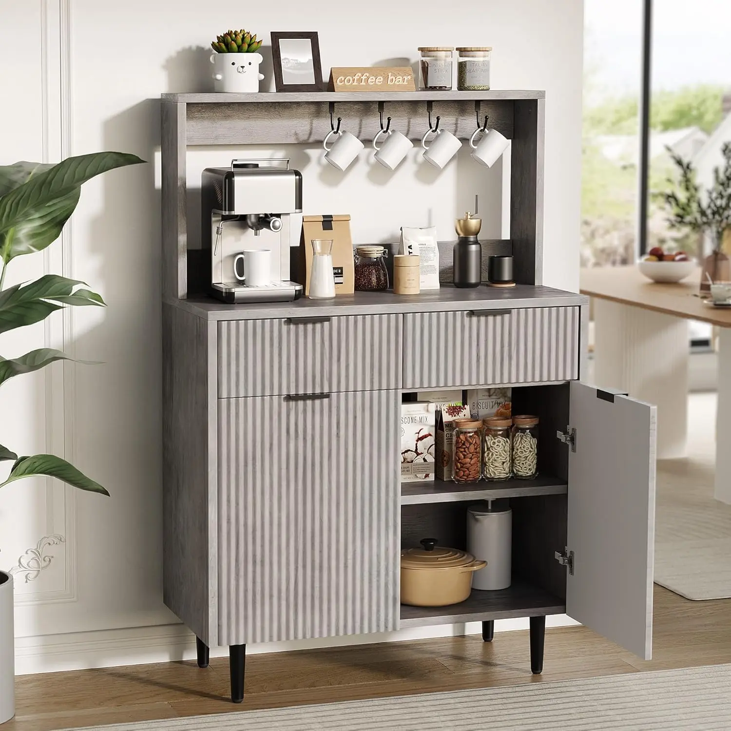 GARVEE Rustic Farmhouse Grey Fluted Wood Corner Sideboard Cabinet - Particle Board, Metal Legs, 2 Drawers, Wave Panels, Adjustable Shelves, Easy Assembly, Dining Room Furniture, Living Room Storage Organizer, Farmhouse Corner Cabinet