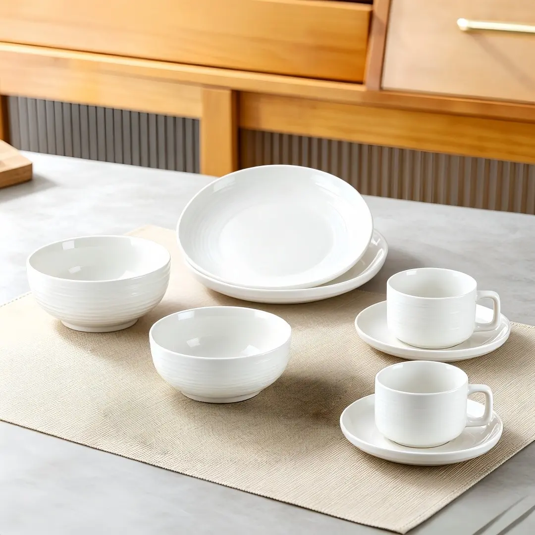 8-Piece Ceramic Tableware Set, Modern Nordic Style, Ripple Design, Microwave & Dishwasher Safe, Ideal for Home Parties, Western Restaurants, Dinnerware Sets, Dishware Sets