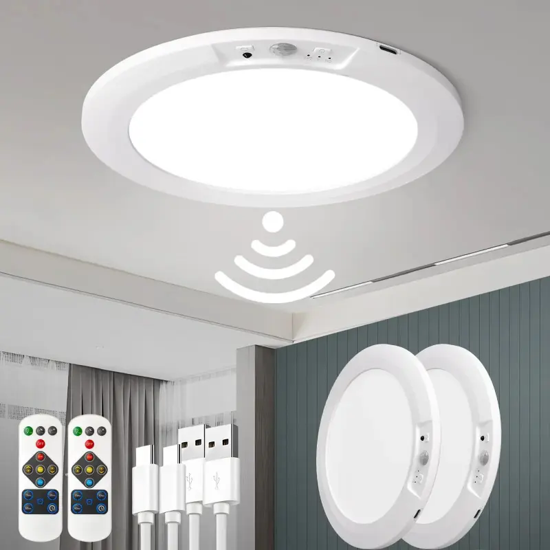 Rechargeable Motion Sensor Ceiling Light, No Wiring Closet Light Operated with Remote Dimmable Timing, Magnetic Motion Activated Shower Light for Closet Shower Bathroom Hallway