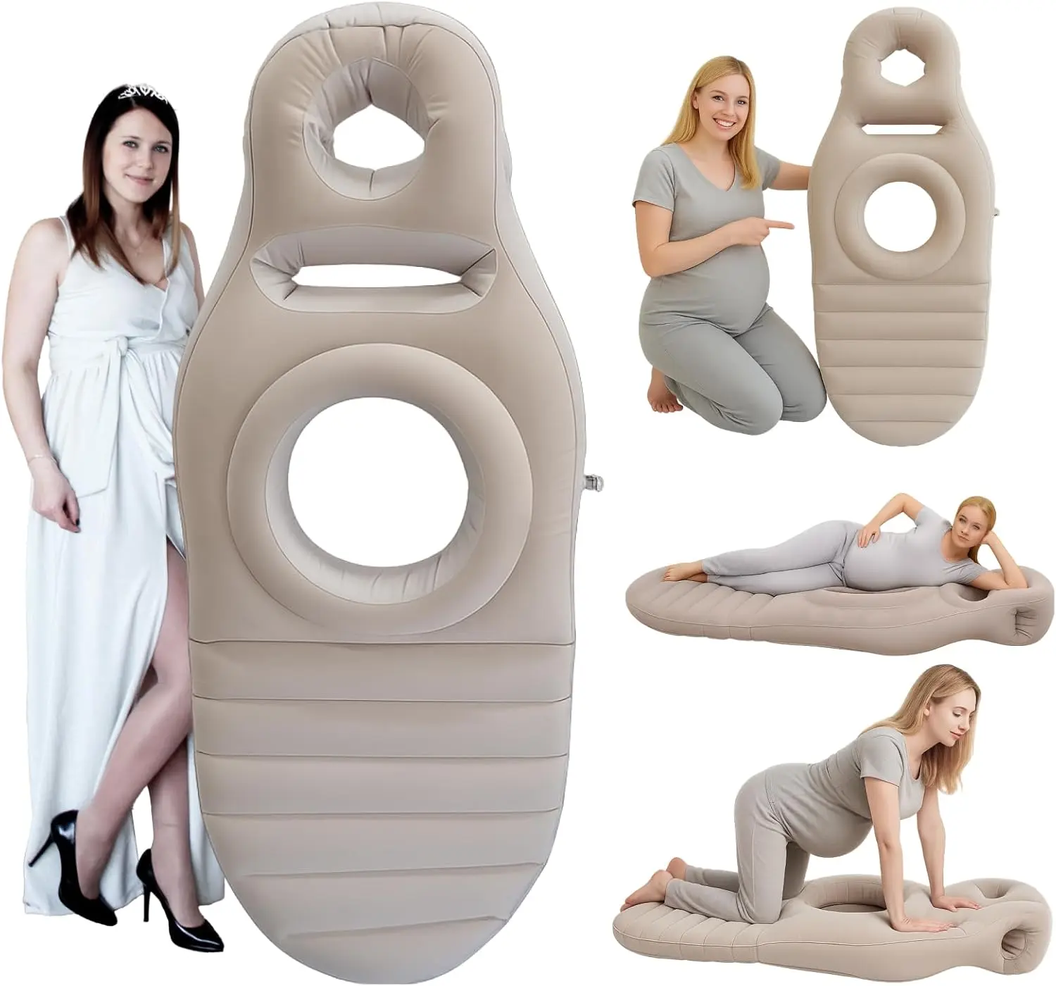 Inflatable Pregnancy Pillow with Belly Hole, Full Body Maternity Air Mattress for Stomach Resting, for Belly, Back and Hips, Pregnancy Float for Pool and Travel(Khaki)