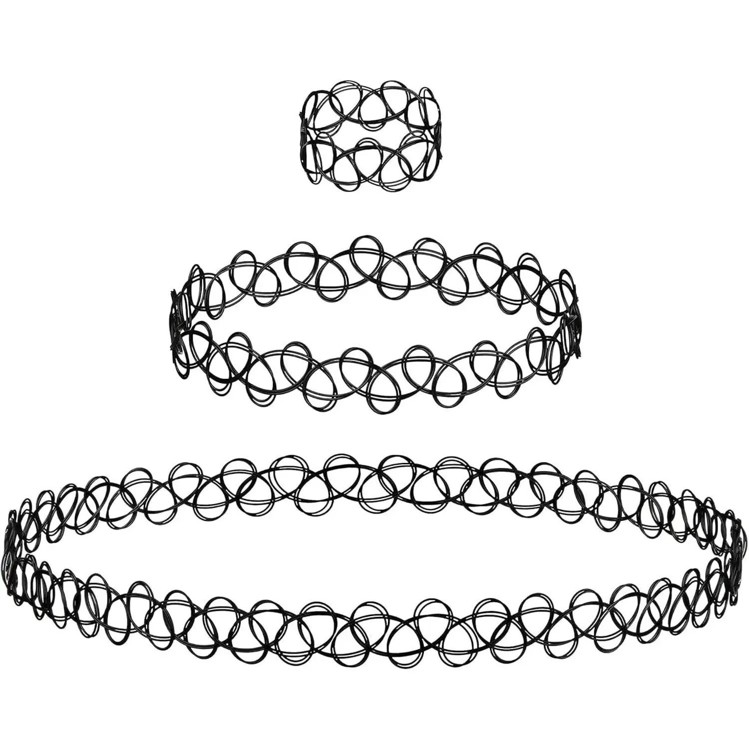 3PC Tattoo Choker Set Necklace Bracelet Ring - 90s Y2K Vintage Stretchy Elastic Neck Lace Women's Gothic Black Multicolor Rainbow Classic Fashion Trend
