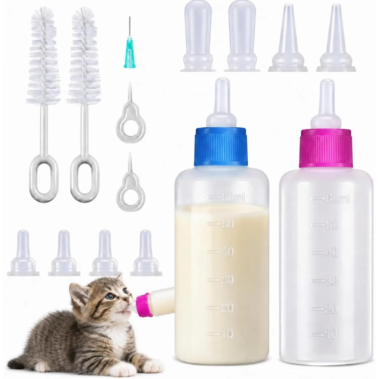 17Pcs Puppy Kitten Nursing Bottle Feeding Kit, Milk Bottles Nipples Clean Brushes Needles for Newborn Rabbit Ferret