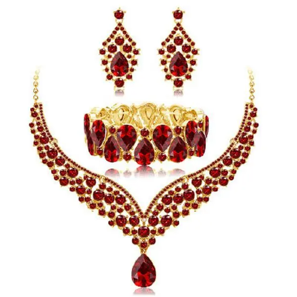 Luxury Multicolor Rhinestone Necklace Earrings Jewelry Set, Sparkling Teardrop Crystal Formal Jewelry for Women, Elegant Wedding Bridal Banquet Evening Gown Matching Accessories, Red Pink White Black Available