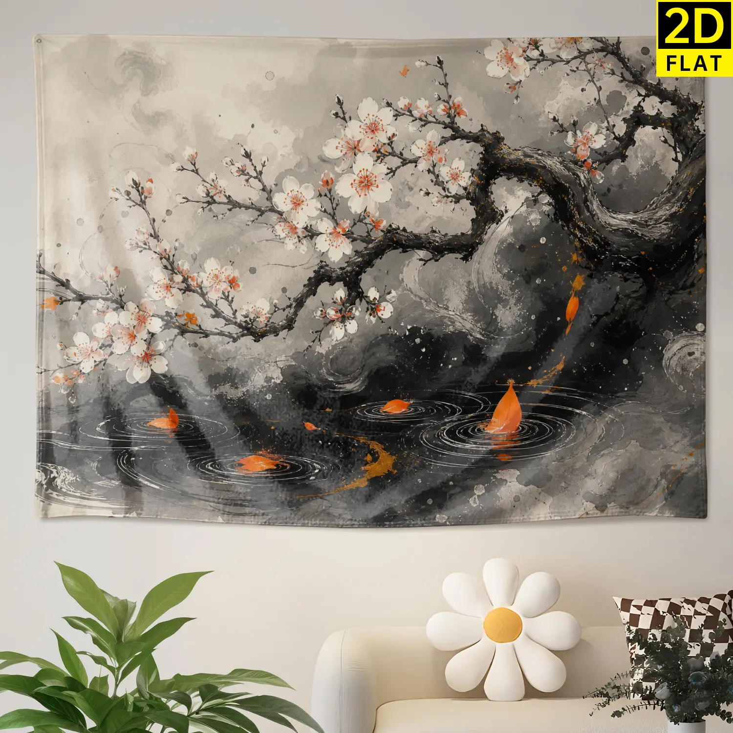 Large Horizontal Black and White Cherry Blossom Ink Painting Polyester Wall Tapestry - Multi-Size, No Installation Required, Home Decoration Wall Decor Artwork for Living Room, Hippie Chic Gift for Family