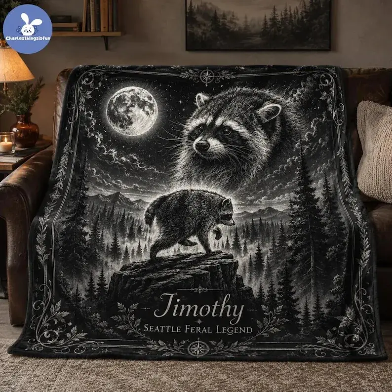 Personalized Name Retro Jimothy Raccoon Fleece Blanket,Funny Seattle Meme Legend Throw Blanket, Cozy Feral Animal Blanket, Animal Lovers Home Decor Gift,Back To School,College Dorm Haul
