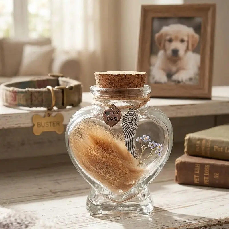 Dog Hair Memorial Urn - Heart-Shaped Single Glass Jar with Angel Wings Pendant, Pet Remembrance Storage, Meaningful Gift for Grieving Dog Owners, Hair Urns