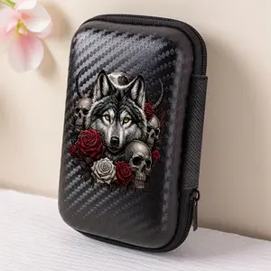 1 piece of rose skull wolf head pattern printed storage box with mesh pocket and compact design - cable/headphone/charger/card/small accessory storage box, suitable for office, travel, enthusiasts - durable and portable accessory sorting