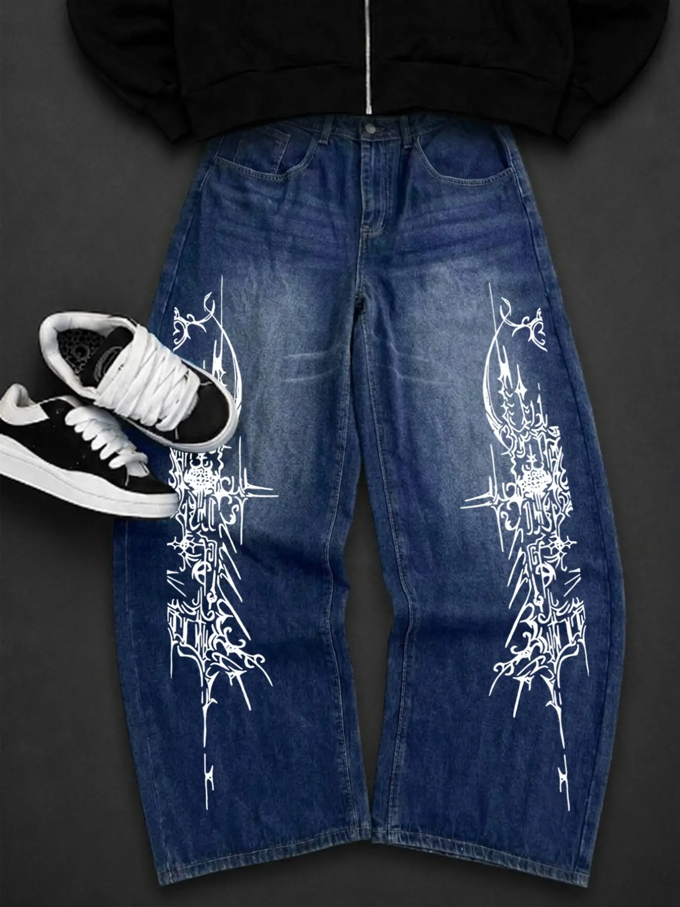 American Men's Y2K Subculture Jeans, Dual Side Vertical Thorn Pattern, Curved Knife Fit, Washed Blue Long Pants, Streetwear, Street Style, Loose-Fitting