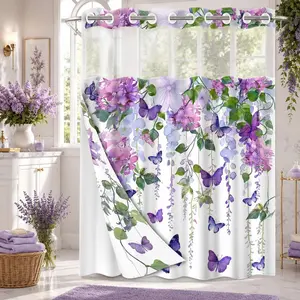 1 Piece No Hook Double Layer Shower Curtain, Purple Wisteria & Butterfly Print Bath Curtain, Waterproof, Mildew Resistant, Durable Fabric, Floral Home Decor, Removable Liner, Top See-Through Window, Partition Curtain 71"×74"