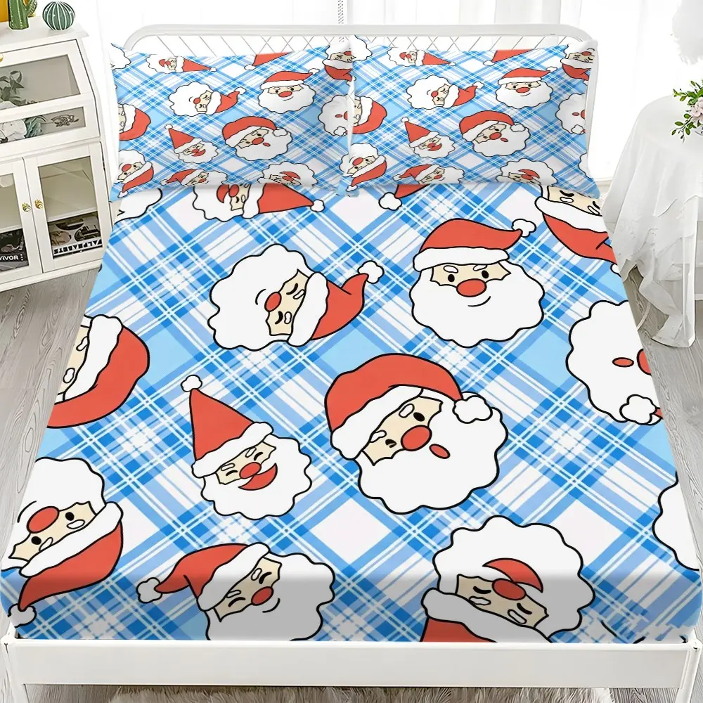 Christmas-Themed Bed Sheet Set, Includes Plaid Santa Head Design Mattress Cover and Two Pillowcases, Perfect for Kids' Room Decor