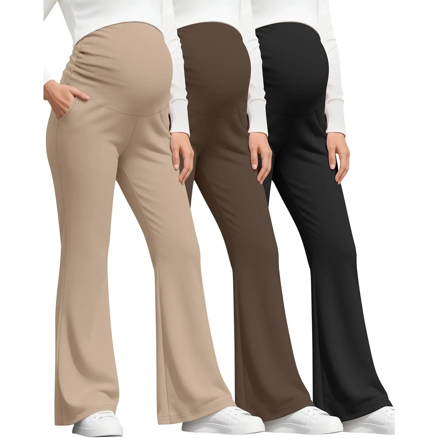 3 Pack Women's Maternity Pants Comfy Over the Belly Maternity Pants, Stretchy Pregnancy Sweatpants with Pockets, Comfy, Bootcut, Casual, Loungewear, Moms