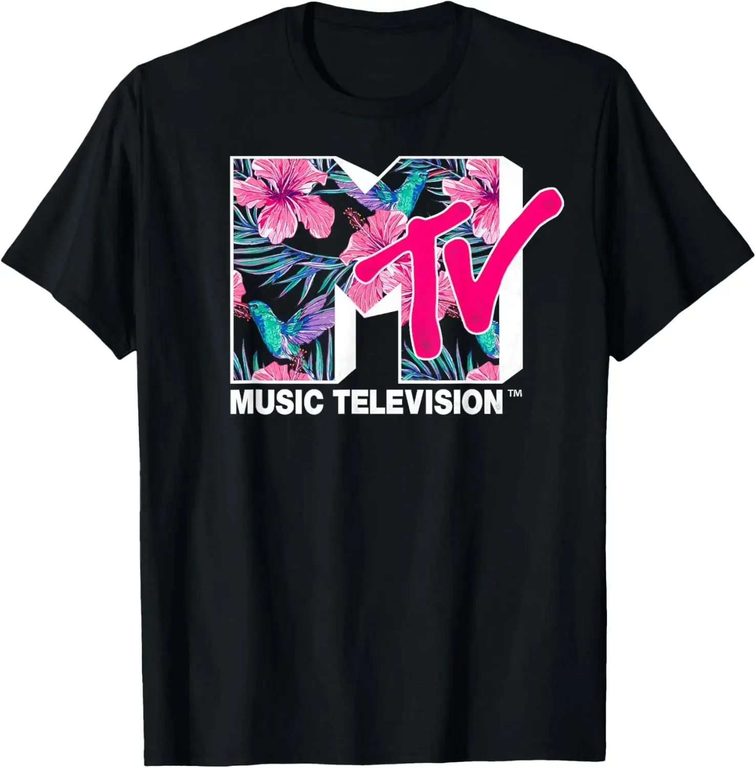Unisex 100% Cotton Short-Sleeve Casual Distressed Streetwear Menswear T-Shirt with MTV Hummingbird & Tropical Flower Logo Fill Graphic, Shortsleeve, Vintage