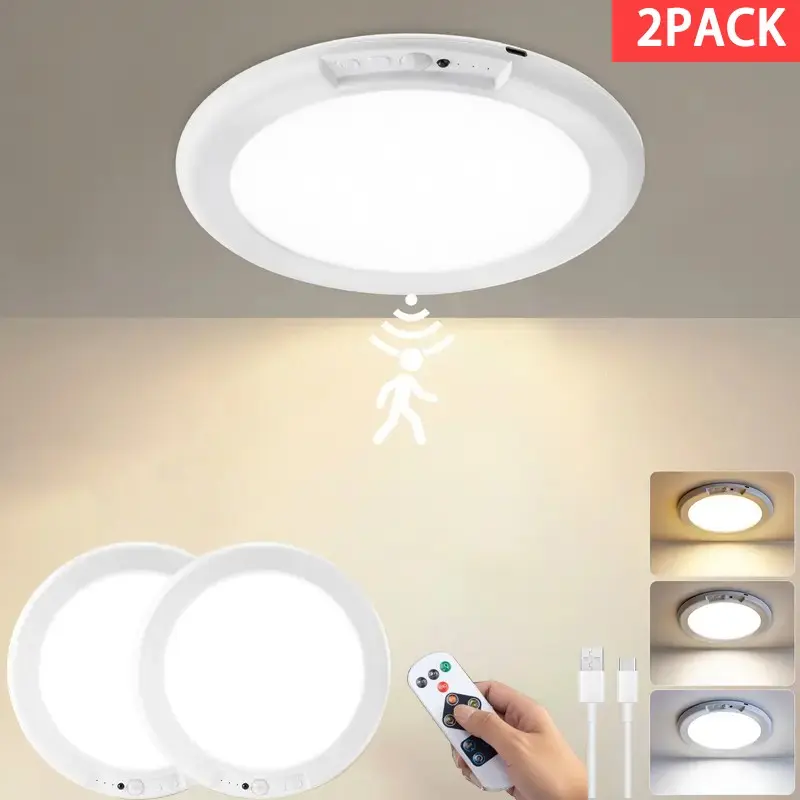 Rechargeable Ceiling Light 2-Pack, Hallway Light Fixtures, 3 Color Modes, Motion Sensor with Remote, Wireless Battery-Operated Magnetic LED Lights for Shower, Closet, Pantry, Shed, Porch, Garage