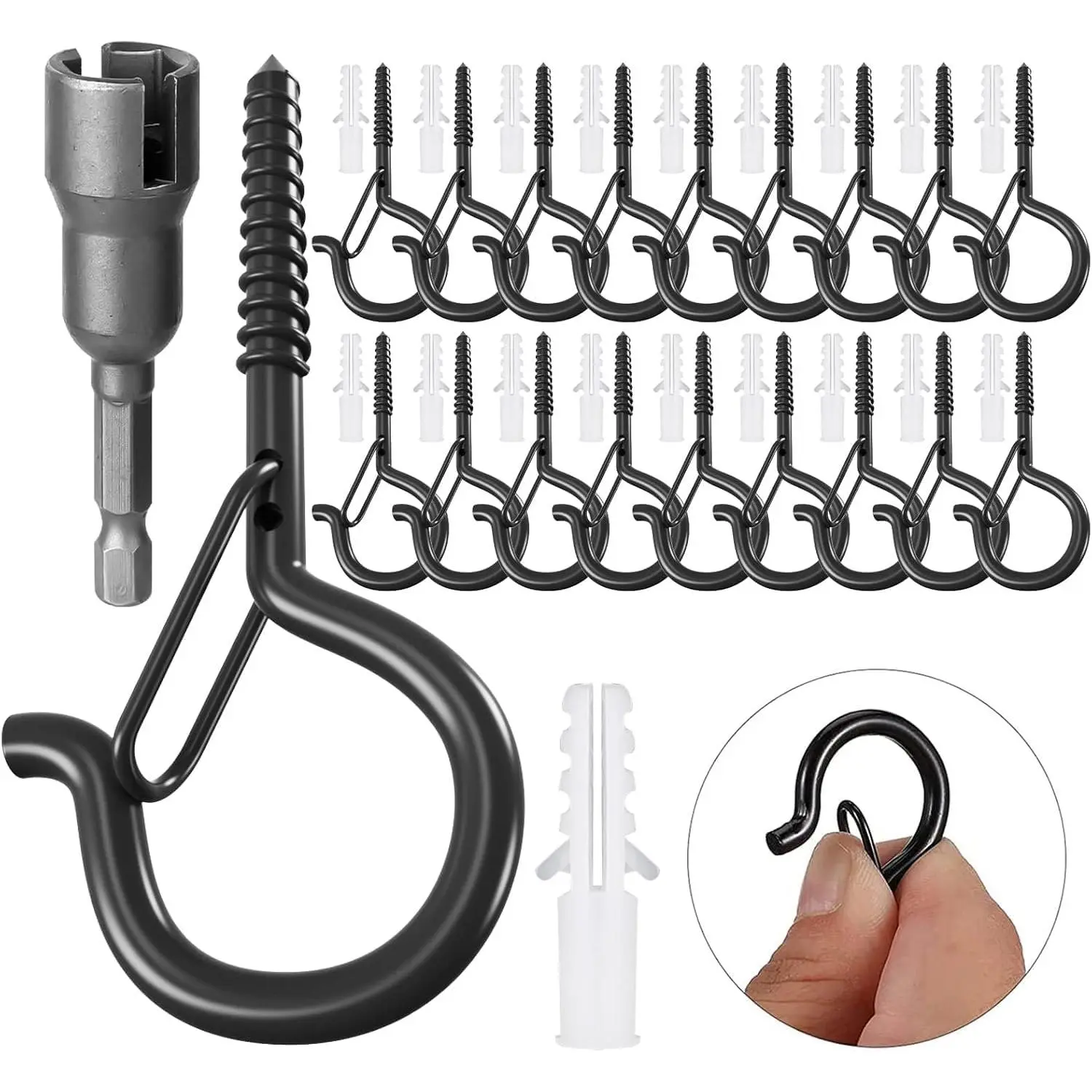 18 Pack Q-Hanger Light Hooks,Wall Cabinet Ceiling Hooks Screw Hooks for Outdoor String Lights, Wire, ,Wind Chimes, Holiday Party Decoration ,Safety Buckle Design
