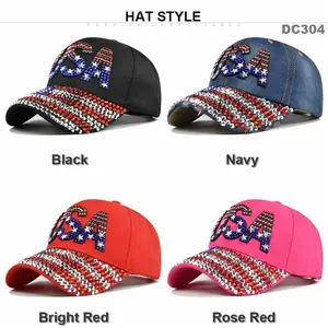 USA diamond baseball cap, rhinestone-embellished duckbill cap, curved brim cap, denim sun hat